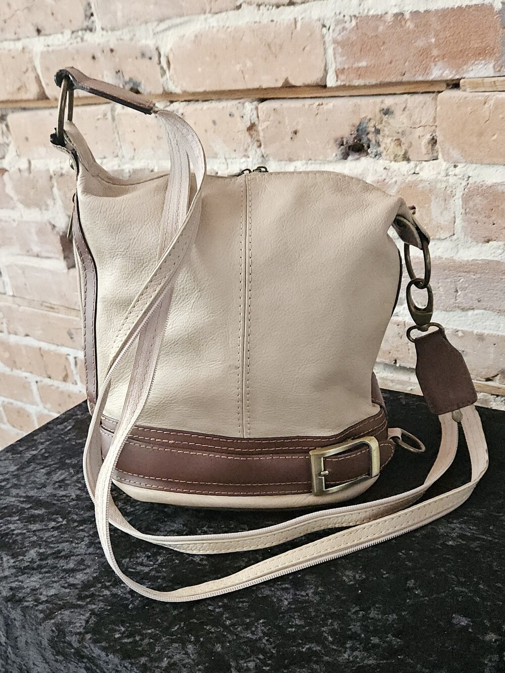 Leather Caterina Bucket Bag in Cream and Brown